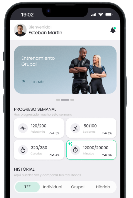 La app NooFit en el móvil del cliente final